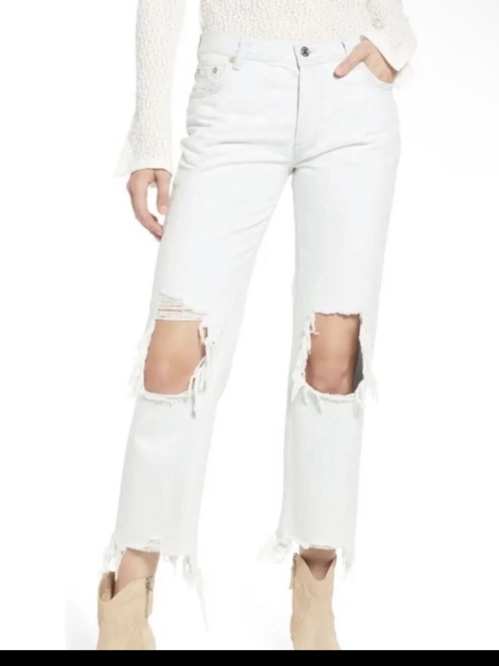 We The Free Maggie Mid Rise Distressed Jeans White-Size 39